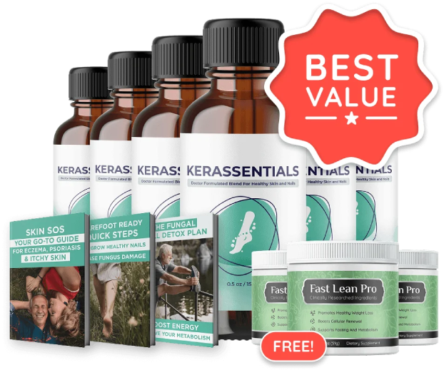 Kerassentials final offer bundle with product bottles and bonus items