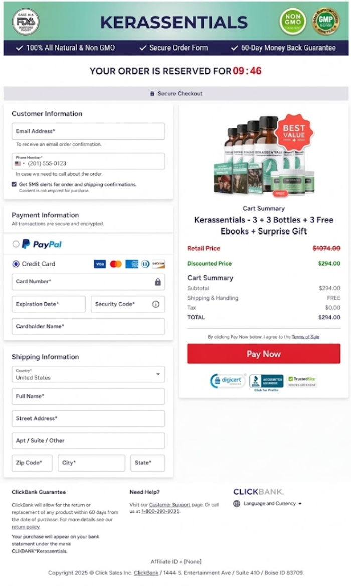 Kerassentials secure checkout page with encrypted payment protection and safe online ordering process